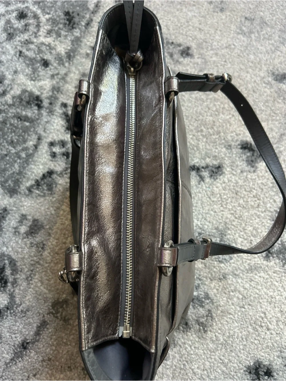 Coach Gallery Tote Metallic Pewter Leather Shoulder Bag F17721 East West